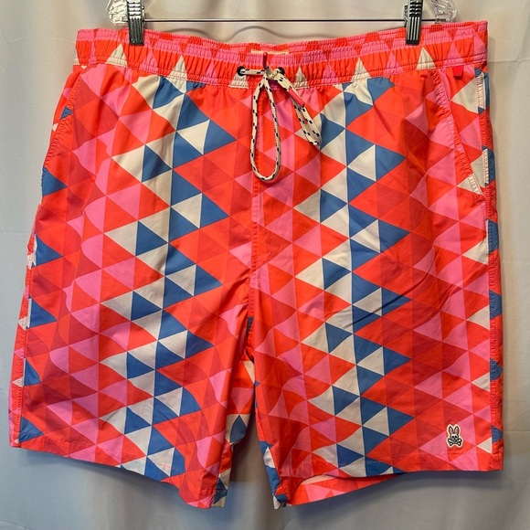 Psycho Bunny 2XLT Alexander Geometric Print Swim Trunks Neon Coral 10” Inseam - Picture 1 of 12